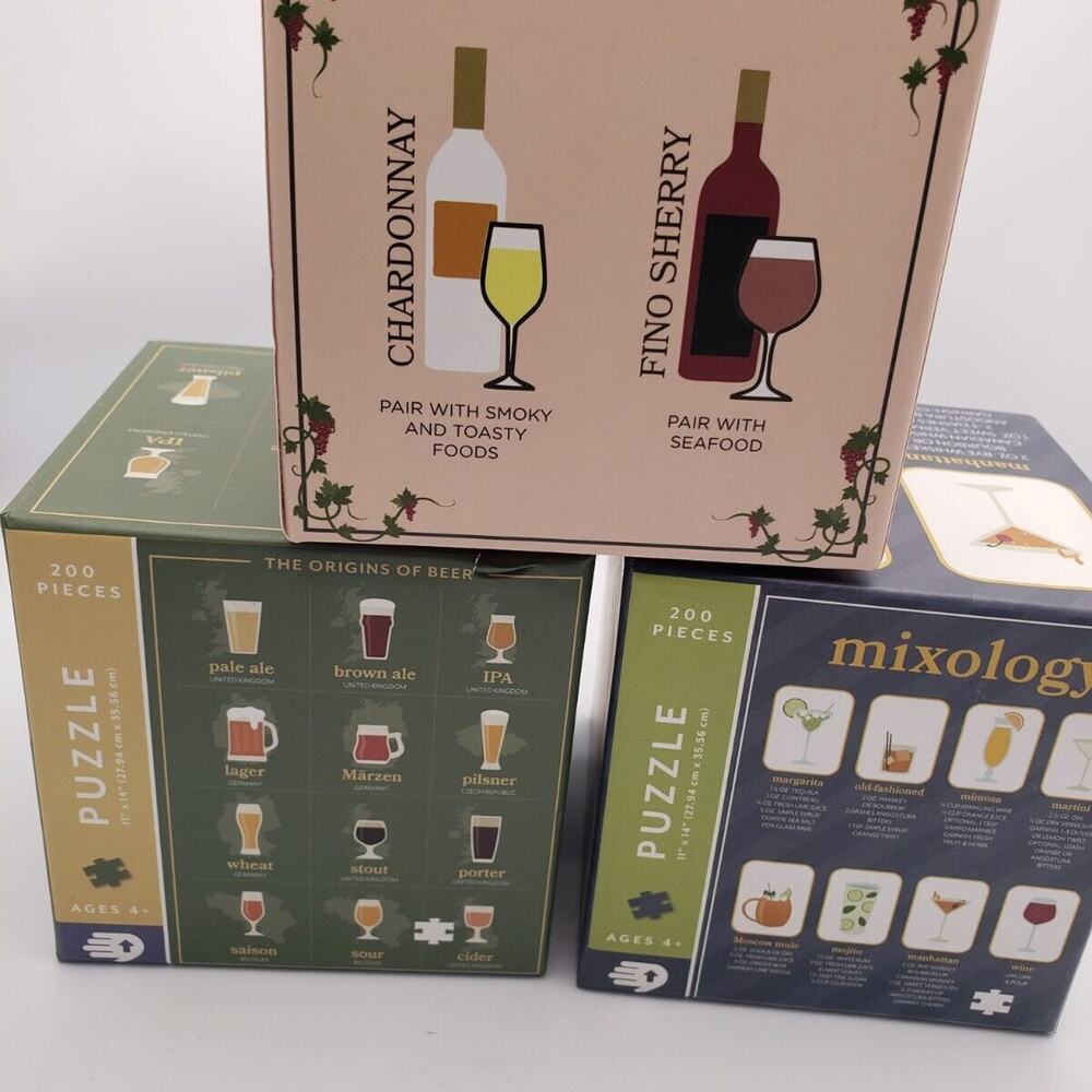 Lot Of 3, 200 Piece Jigsaw Puzzles The Origins of Beer/Wine Pairings/Mixology